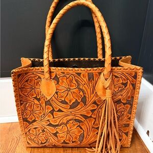 Handcrafted Floral Leather Tote Bag - Tan